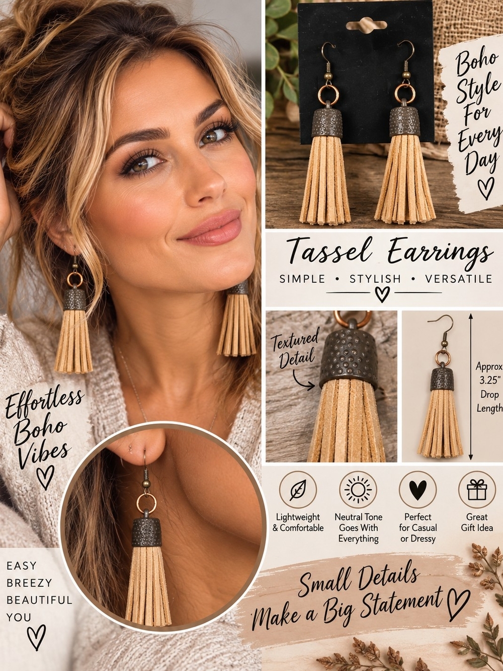 Boho Tassel Drop Earrings - Beige Tassel, Unbranded